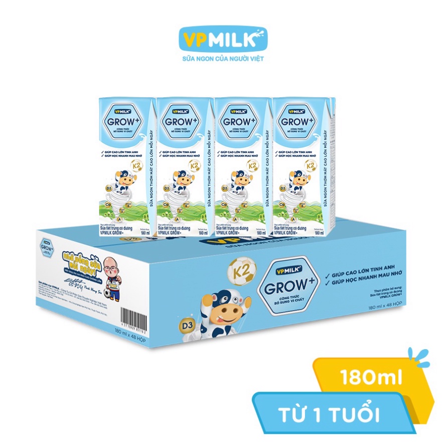 Sữa tiệt trùng VPMilk Grow+ hộp 180ml (thùng 48 hộp)