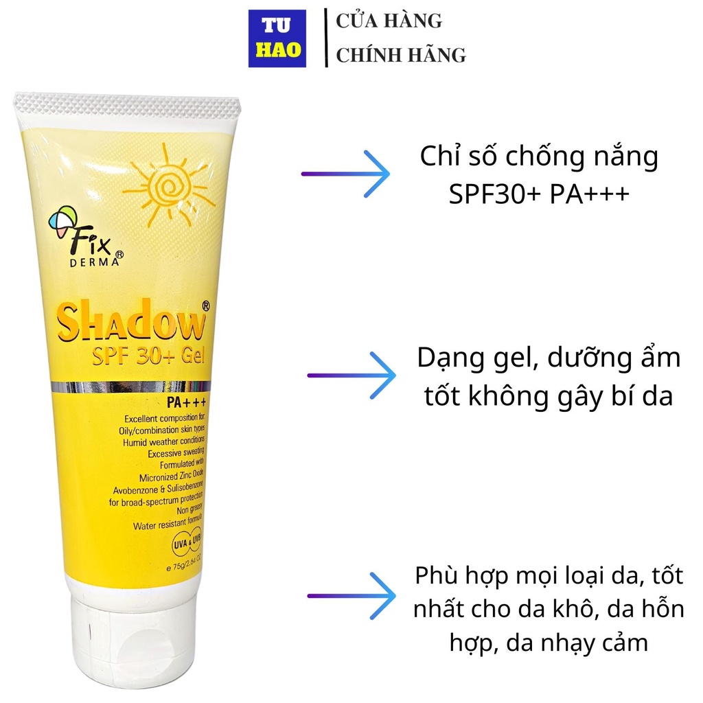 [Mã FMCGMALL -8% đơn 250K] Kem chống nắng Fixderma Shadow SPF50+/SPF30+ Cream cho mặt và toàn thân 75G - Từ Hảo