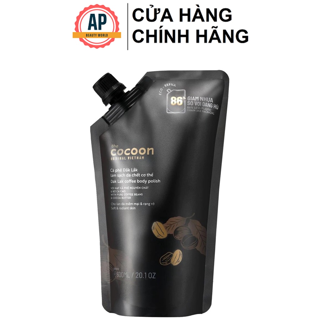 Tẩy da chết cơ thể body cà phê cocoon 600ml thuần chay Túi Refill Big size