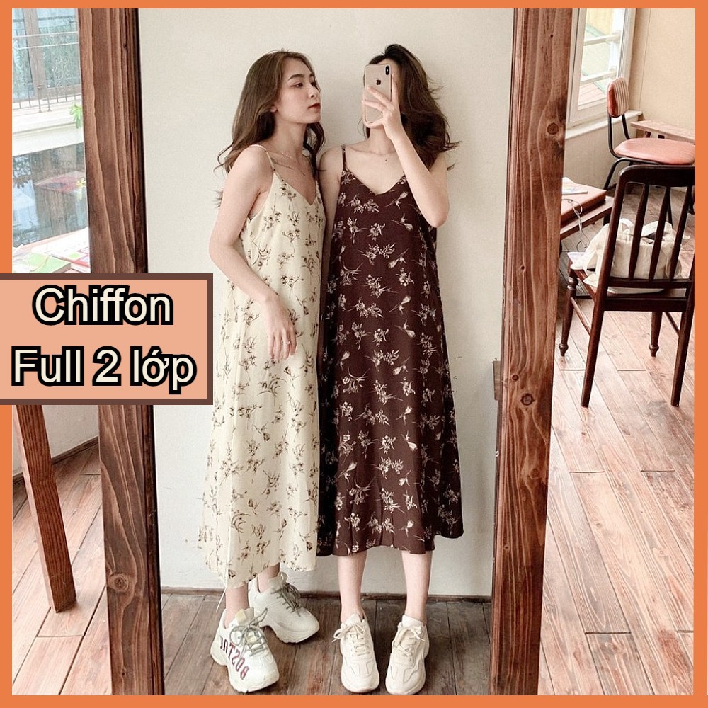 [Mã WAMT1505 giảm 10K đơn 0K] VÁY HAI DÂY ĐI BIỂN CHẤT CHIFFON – ĐẦM DÁNG SUÔNG VINTAGE - 2 LỚP