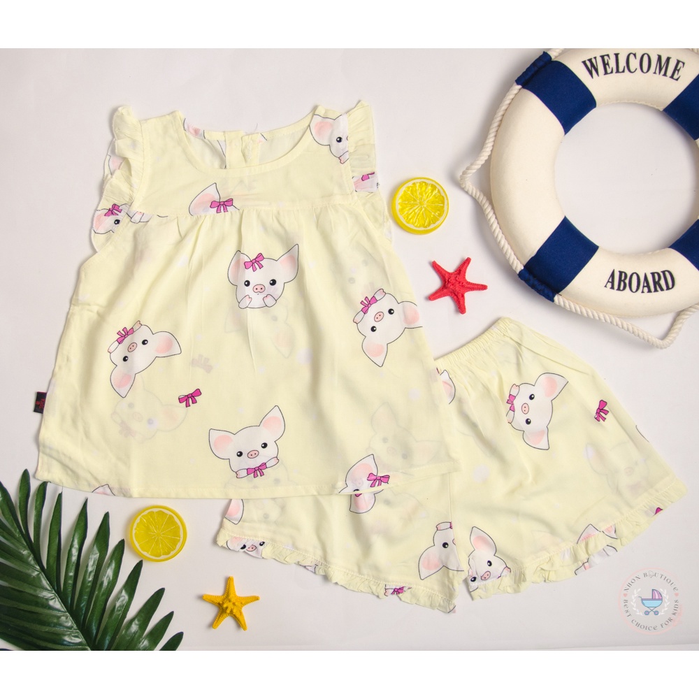 Bộ hè dễ thương cho bé gái từ 6-15kg chất liệu lanh lụa, đồ ngủ hè