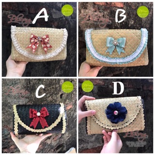 Túi cói đeo chéo ren nơ xinh xắn