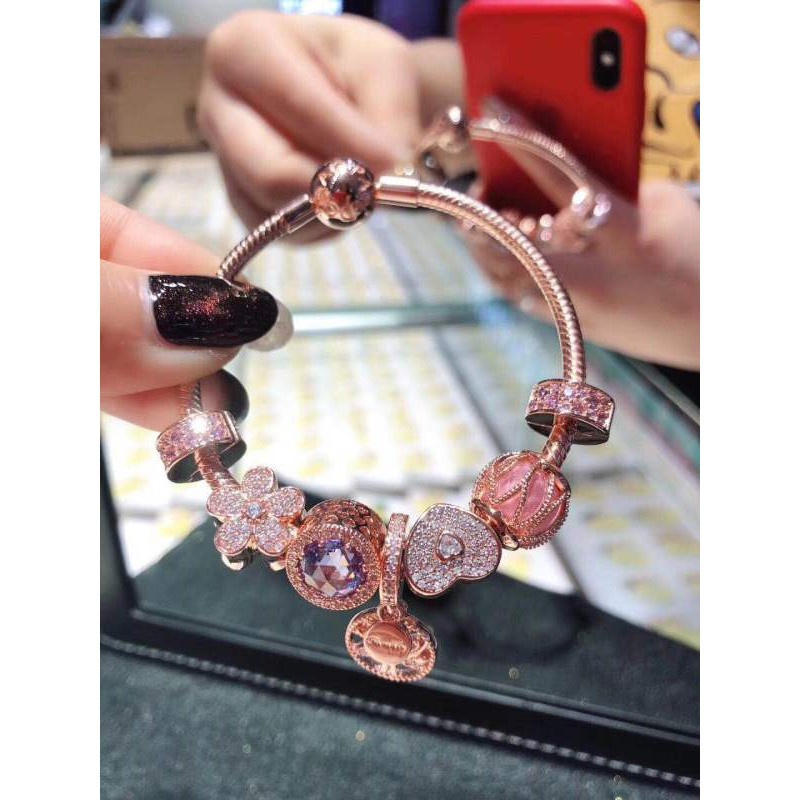 Bộ Vòng Tay Mạ Vàng Hồng Đính Đá Charm Pandora_Borelet_ Thời Trang (Thiết Kế Charms) AA03564sfsd