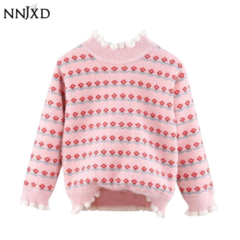 Áo Sweater NNJXD Dệt Kim Tay Dài Cổ Tròn Họa Tiết Hoa Thời Trang Thu Đông Kèm Khăn Choàng Dành Cho Bé Gái