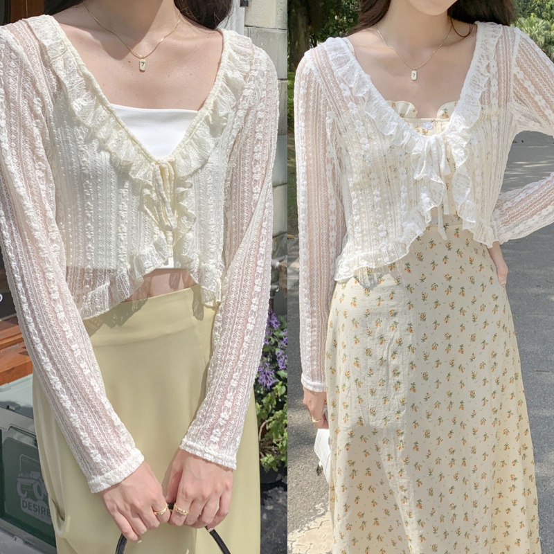 Áo Cardigan Tay Dài Phối Ren Lưới Màu Trơn Thắt Nơ Phía Trước Thời Trang Mùa Hè Cho Nữ