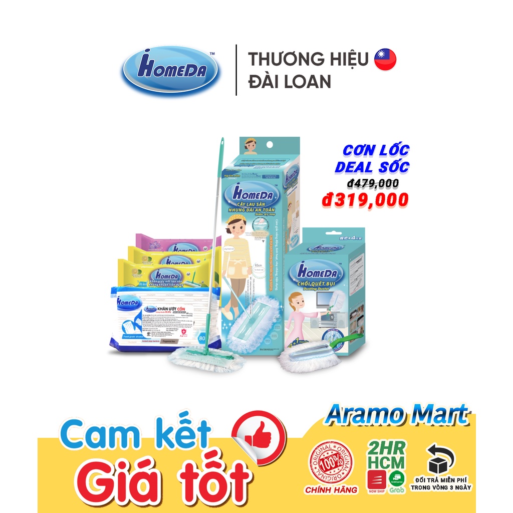 [FREESHIP] Combo Lau Dọn Tĩnh Điện iHomeDa 1 Cây Lau + 1 Chổi + 5 Gói Khăn Ướt Cao Cấp + 1 Gói Miếng Rửa Chén＊AramoMart＊