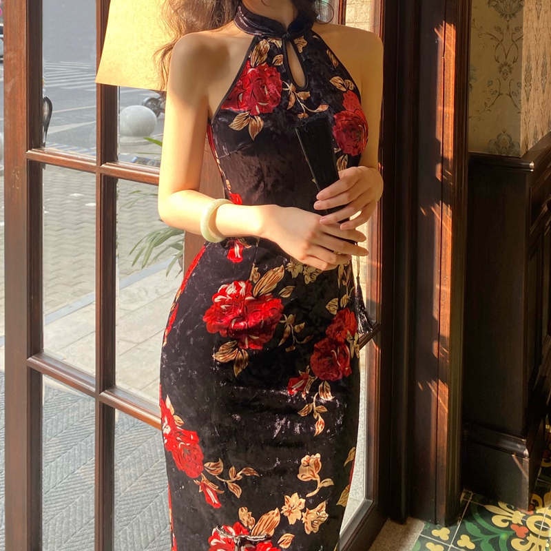 Sườn Xám Cách Tân Dáng Dài Vải Nhung In Họa Tiết Kiểu Retro Trung Hoa Quyến Rũ