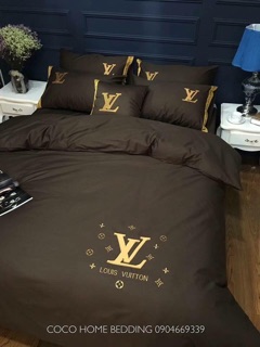 Chăn ga gối Lụa thêu thương hiệu 6 món Versace đen