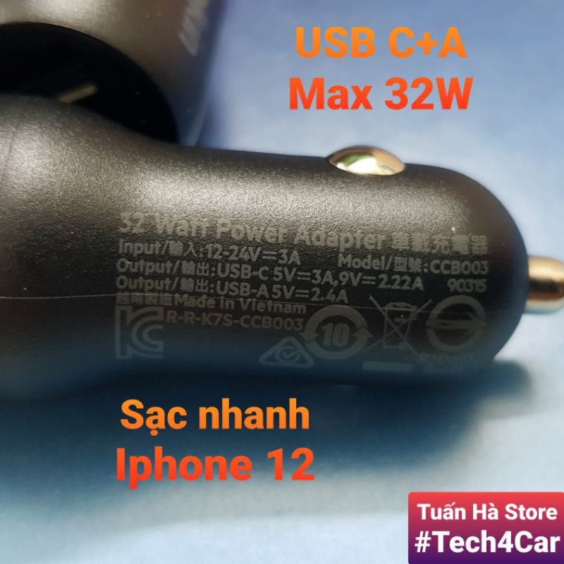 Tẩu sạc nhanh ô tô xe hơi 2 cổng Belkin 32W 30W PD 20W 18W USB A 12W cho IP  X 11 12 13 S20 S21 Tuấn Hà Store