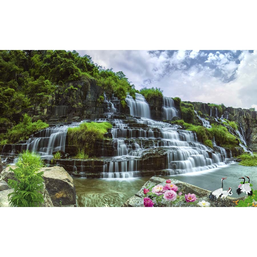 Tranh dán tường thác nước thiên nhiên trong lành nổi bật giữa không gian xanh tươi và hùng vĩ tạo khung cảnh đẹp