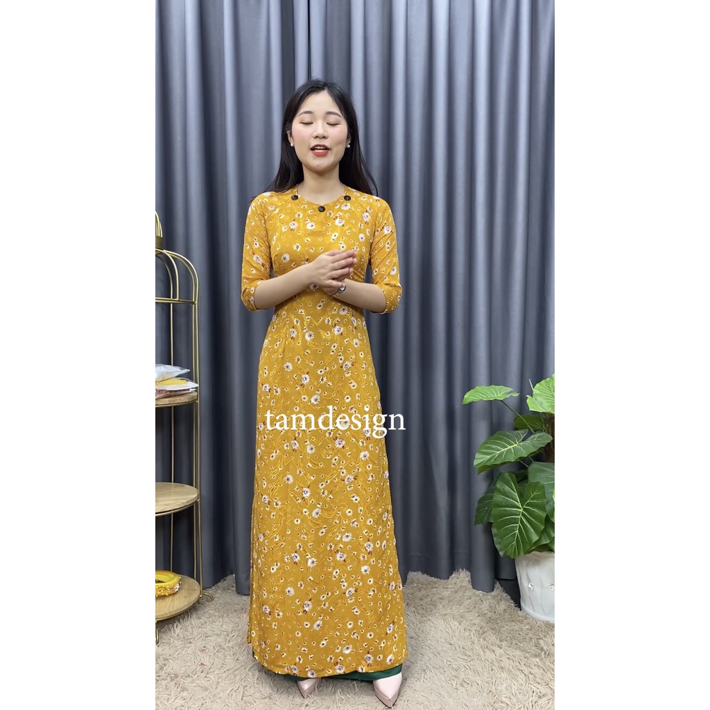 Áo Hoa Nhí Tơ Ý Cổ Tròn Pha Lê Đen Màu Vàng - Mã TC10