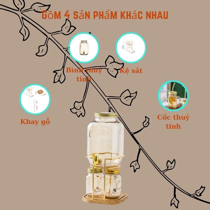 Bộ bình nước thủy tinh 4L kệ sắt kèm cốc chịu nhiệt Cao Cấp