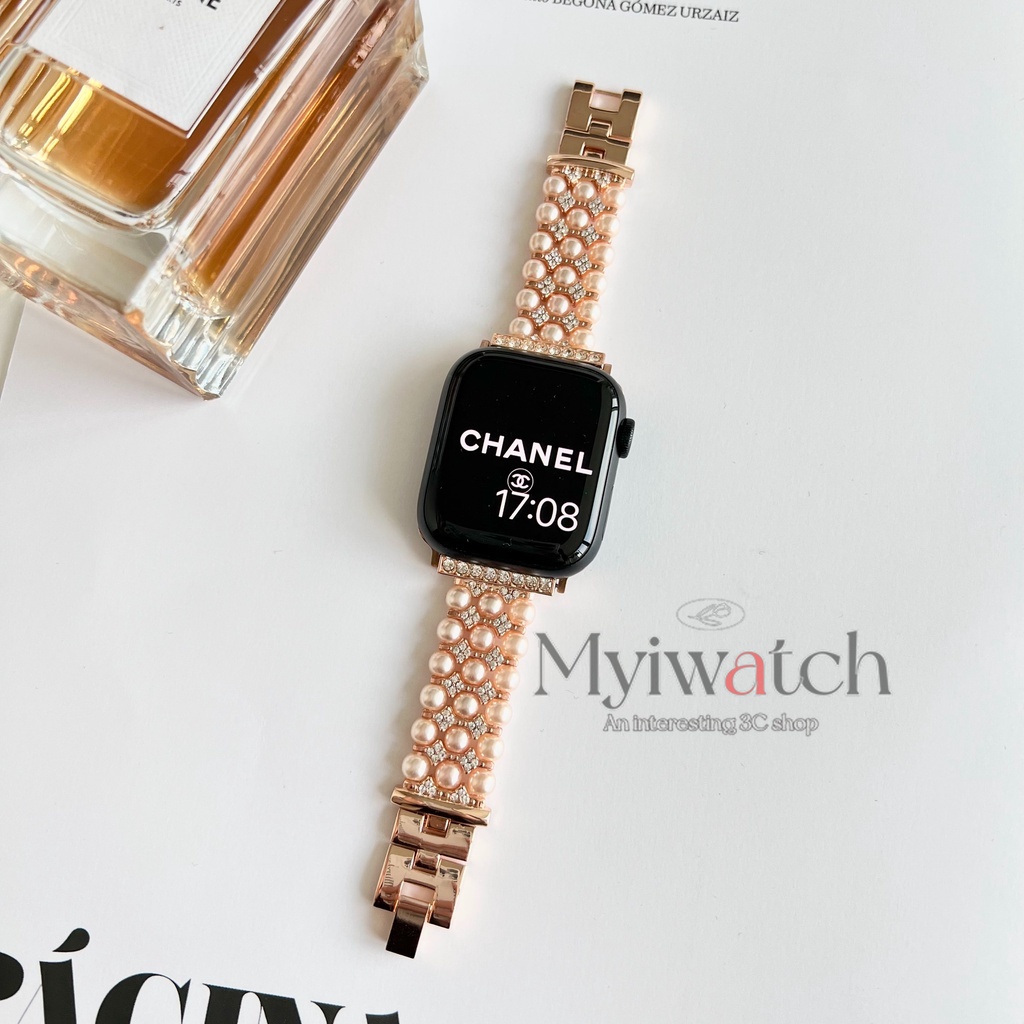 Dây Đeo Đồng Hồ Bằng Kim Loại Đính Đá Và Ngọc Trai Sang Trọng Cho Apple watch serise 7 6 5 4 SE 3 2 1 45mm 41mm 40mm 44mm 42mm 38mm