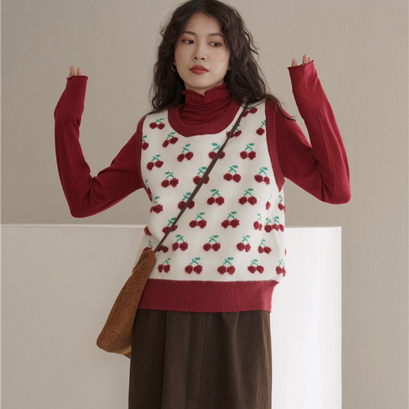 Áo Gile Dệt Kim Hình Quả Anh Đào Phong Cách Hàn Quốc Thời Trang Dành Cho Nữ