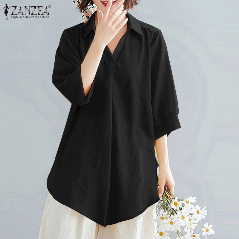 Áo sơ mi Zanzea tay lỡ cổ bẻ dáng rộng màu trơn phong cách Hàn Quốc đơn giản dành cho nữ
