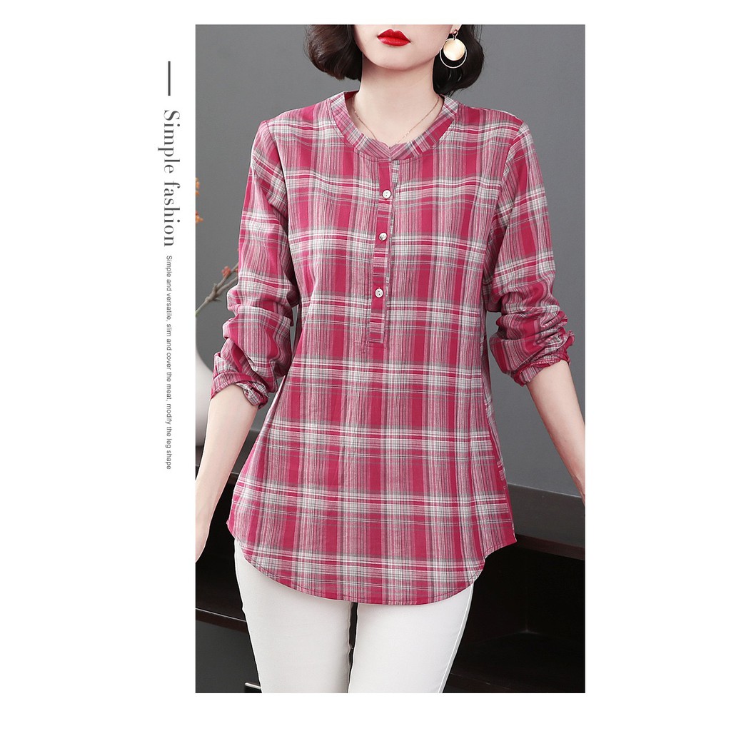 Áo sơ mi caro tay dài kích thước rộng phong cách phương tây dành cho nữ