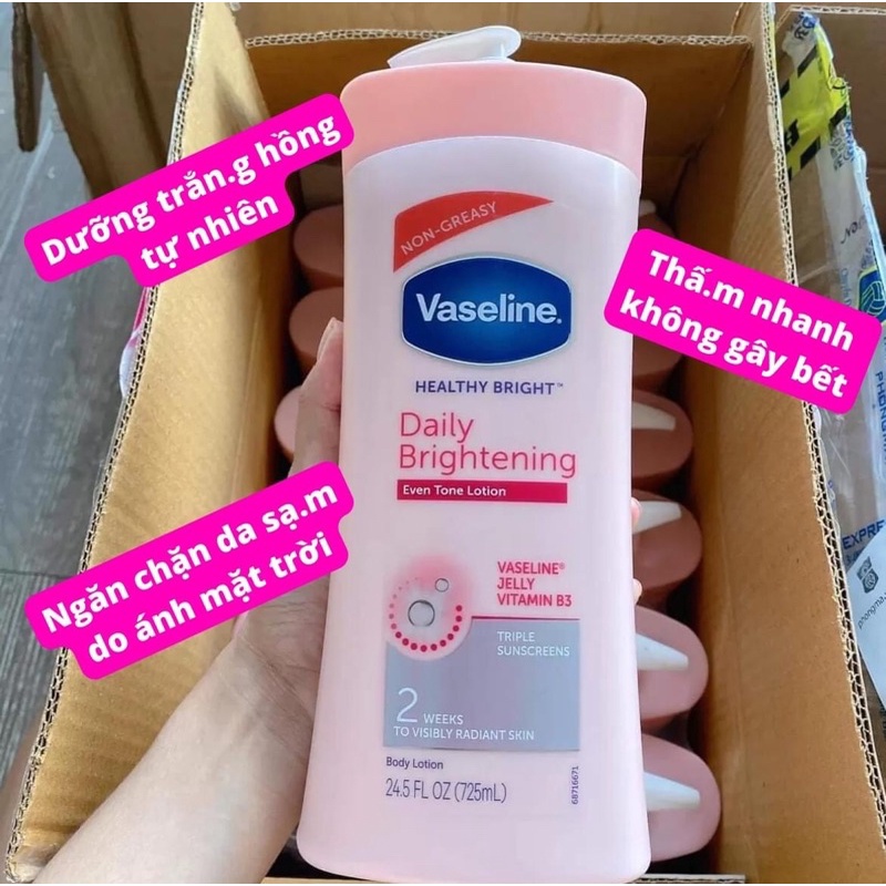 Sữa dưỡng thể Vaseline Healthy White UV Lightening Body Lotion 725ml giúp dưỡng trắng dưỡng ẩm phù hợp cho mọi loại da