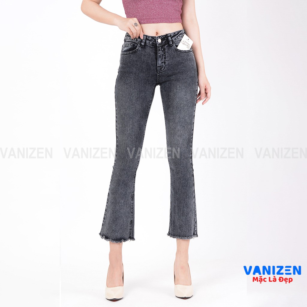 Quần jean nữ ống loe đẹp lưng cao cạp cao trơn xám khói hàng hiệu cao cấp mã 412 VANIZEN