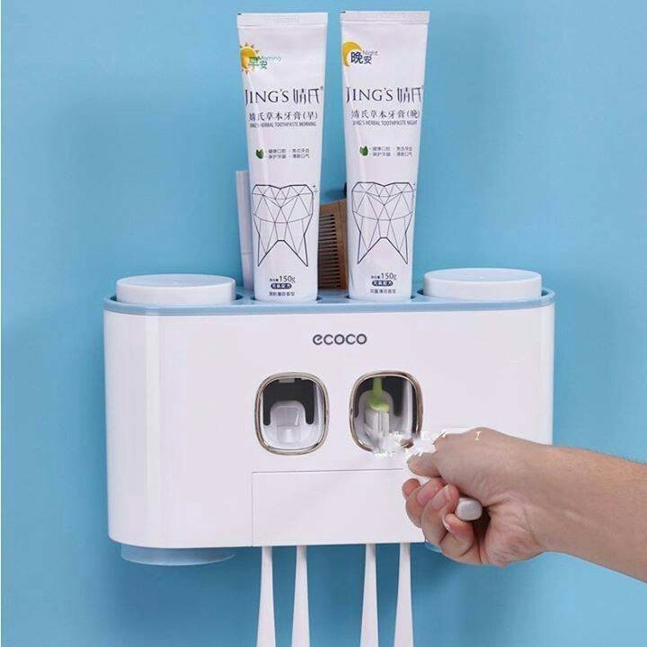 Bộ Nhả kem Đánh Răng Dán Tường, Kèm 4 Cốc Nhãn Hiệu ECOCO