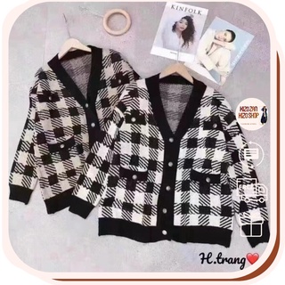 Áo khoác len cardigan form rộng kẻ caro hàng Quảng Châu mặc choàng ngoài phong cách Hàn Quốc 111 Kizoshop