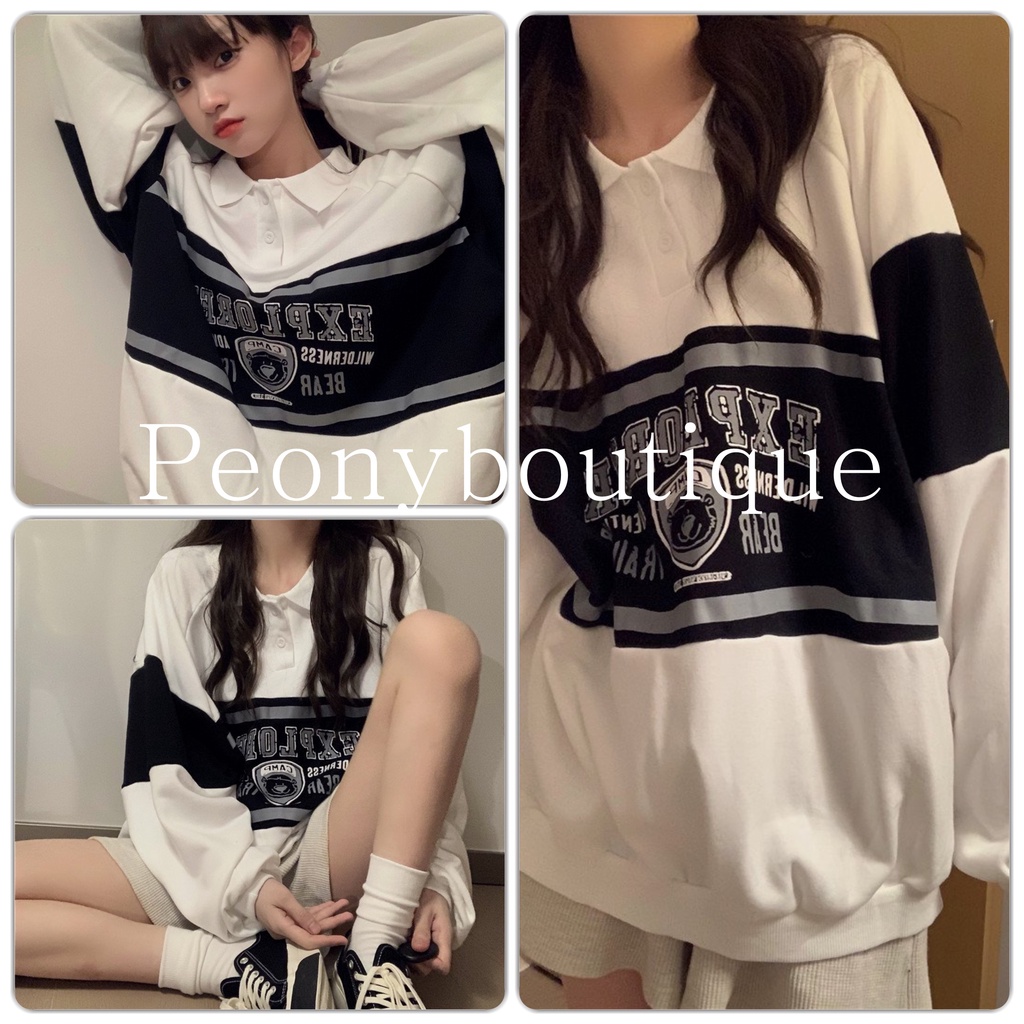 Áo Polo Thun Camp PEONYB Nữ [FREESHIP]  Sweater form rộng tay bồng, phông dài tay kiểu dáng vintage cá tính Ulzzang