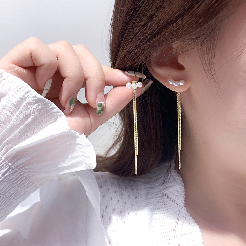 Bông Tai Mạ Bạc 925 Đính Hạt Ngọc Trai Phối Tua Rua Phong Cách Hàn Quốc Thời Trang