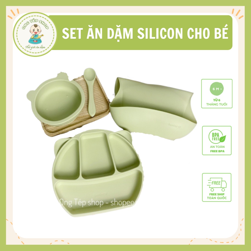 Set ăn dặm silicon 4 chi tiết: bát ăn dặm silicon kèm thìa, Yếm silicon, khay 4 ngăn/đĩa hình gấu Samimi cho bé
