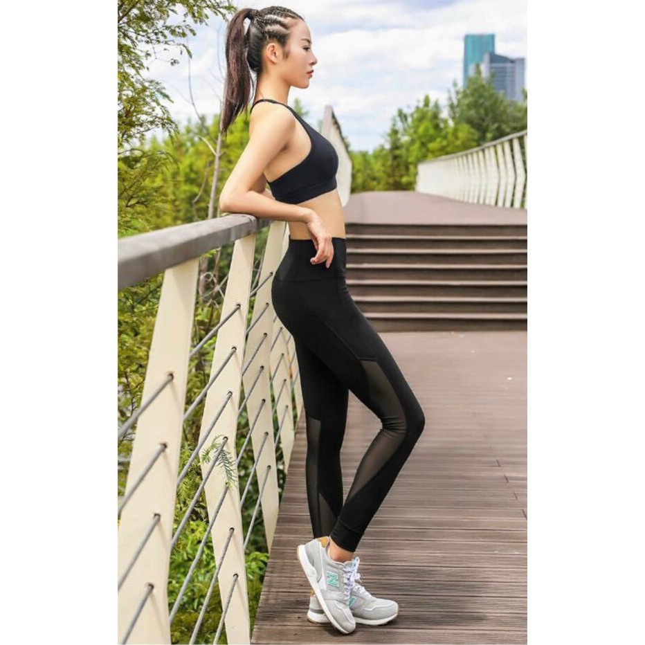 Quần legging thể thao nữ phối lưới chéo