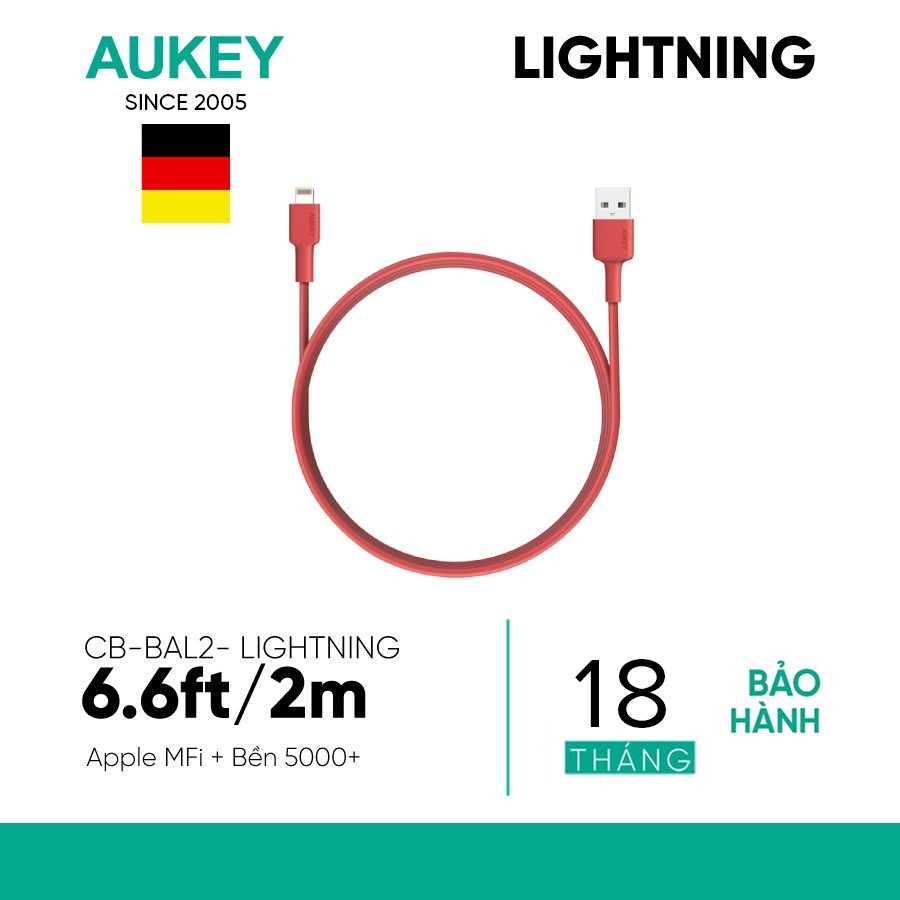 Cáp Lightning Aukey CB-BAL2 MFi Apple Nhựa Tổng Hợp Cao Cấp 2m - Hàng Chính Hãng