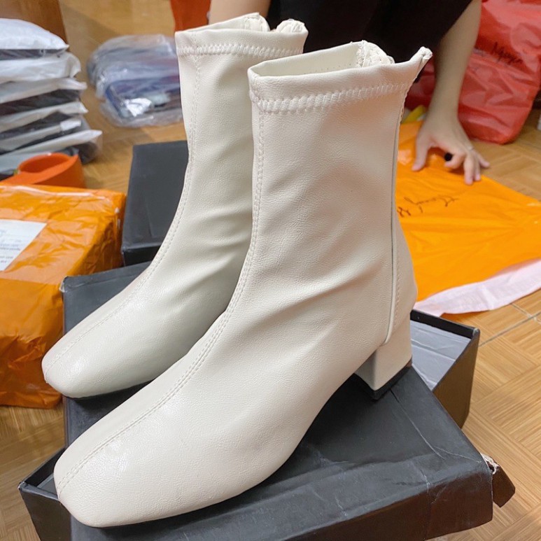 Giày Boots Ulzzang khóa kéo SNU09 cao cổ da PU cổ lửng đế độn đế to bự đơn giản phong cách cá tính đi chơi đẹp