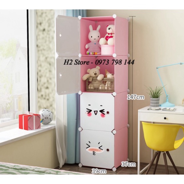 TỦ QUẦN ÁO LẮP GHÉP 4 Ô(4X1) CỬA MẶT CƯỜI ĐA NĂNG THÔNG MINH CHO BÉ sâu 47cm