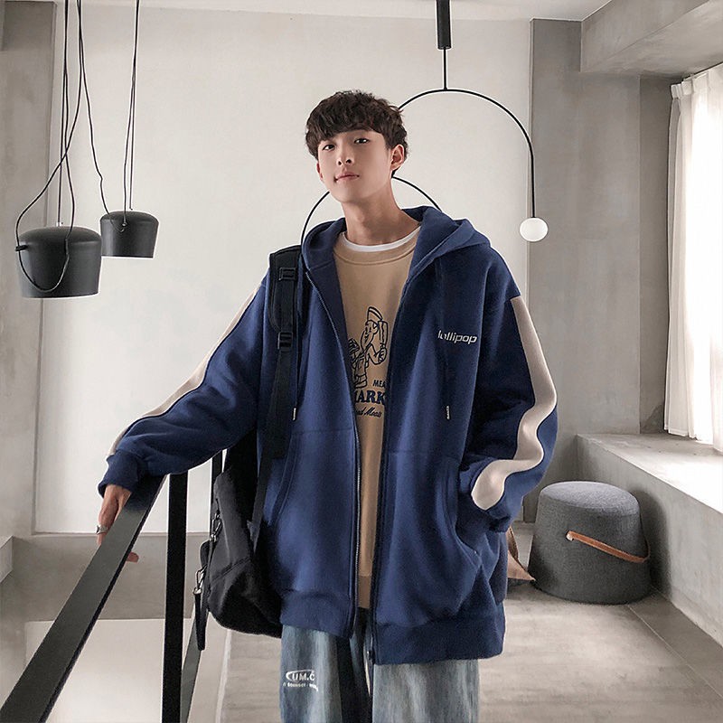 ins Season Áo len có mũ trùm đầu Hàn Quốc Nam Loose Plus Fleece Dây kéo khoác