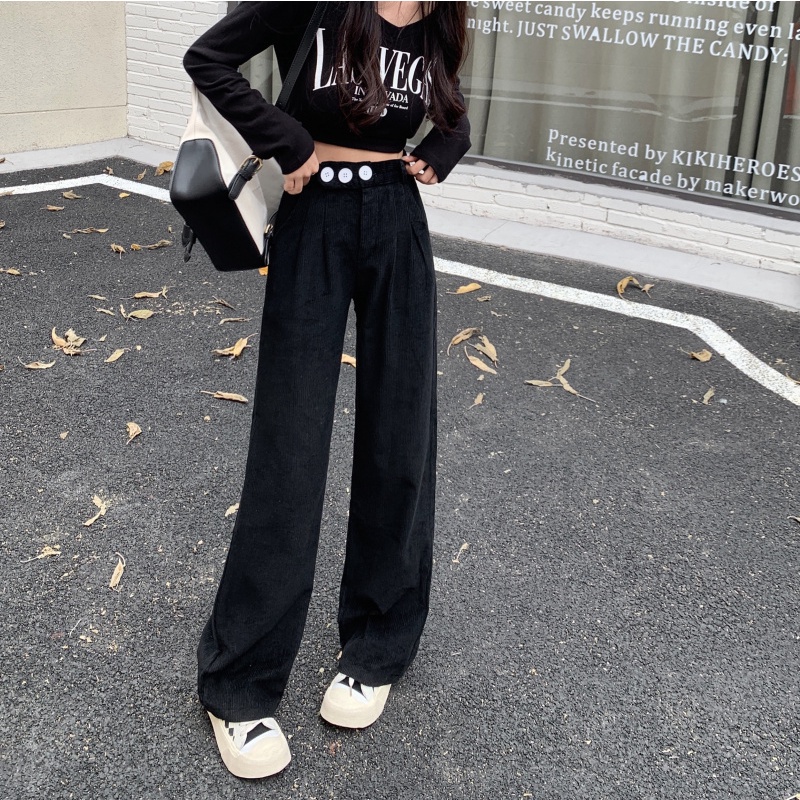 QADCOL Quần Nhung Dài Ống Rộng Lưng Cao Màu Sắc Đơn Giản Thời Trang Hàn Quốc