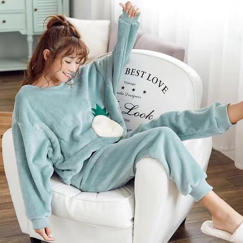 Bộ đồ ngủ vải nỉ lót lông cừu san hô dày giữ nhiệt thời trang thu đông Hàn Quốc xinh xắn cho nữ