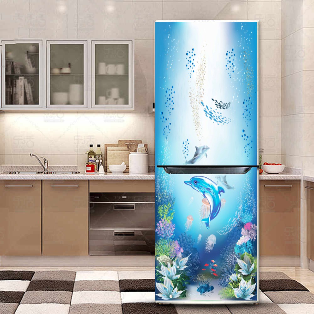 Decal trang trí tủ lạnh mẫu thế giới cá heo chất lượng cao độ phai màu trên 10 năm