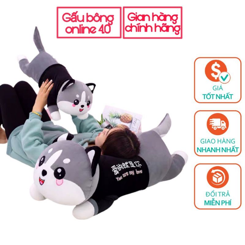 Gấu Bông Mèo Husky Mắt Tròn Đáng Yêu 100% Bông Gòn Cao Cấp - Vải Nhung Co Dãn 4 Chiều Size 1m-1m2
