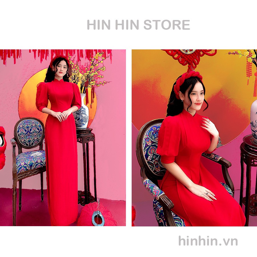 Set bộ áo dài đỏ truyền thống tay phồng + mấn đính hạt HS116 - Hỉn Hỉn Store