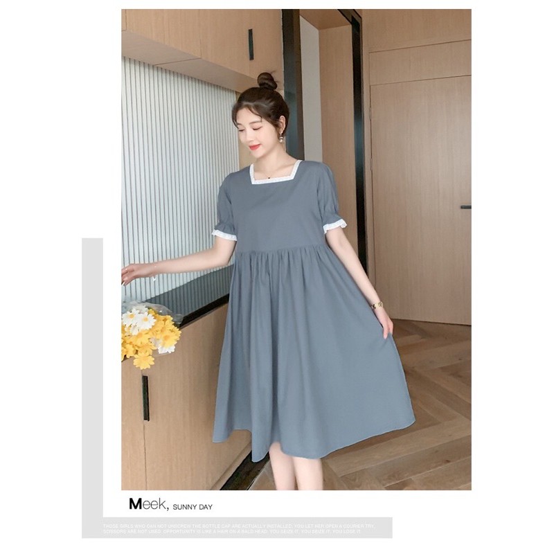 Váy bầu cổ vuông phối ren tay bo cộc tay dáng babydoll màu xám