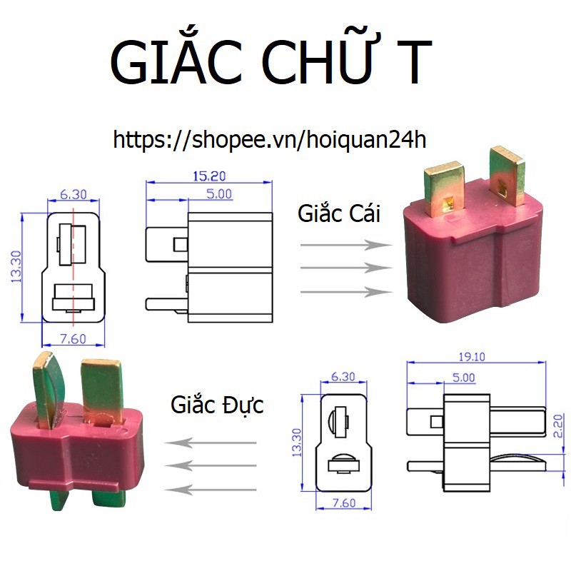 Giắc Chữ T Đực + Cái kết nối Pin giá rẻ, Jack T