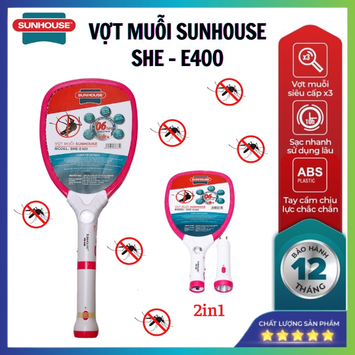Vợt Muỗi SUNHOUSE SHE - E400 , Kiêm Đèn Pin Tháo Rời , Tiện Lợi - Hàng Chính Hãng (Bảo Hành 1 Năm)