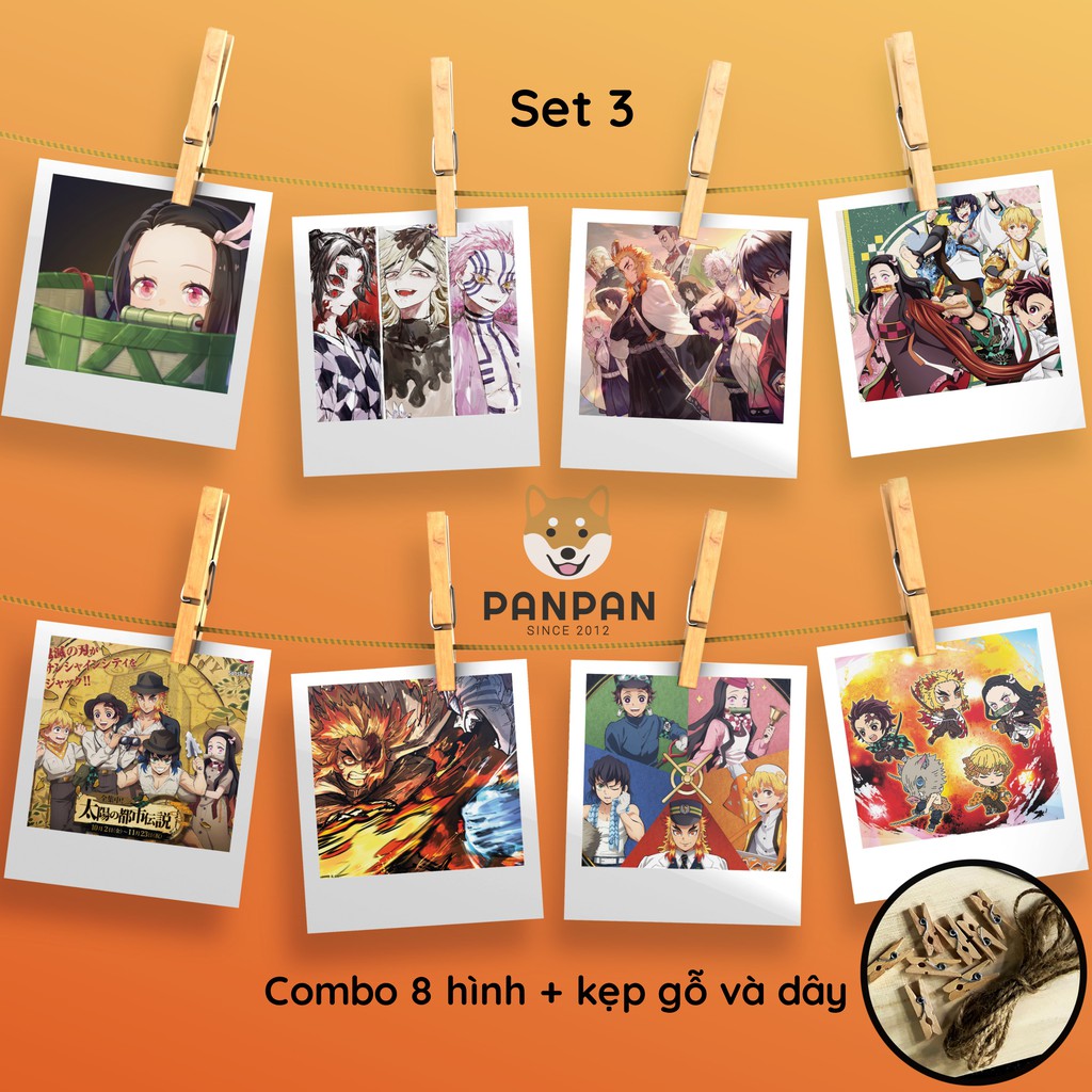 Combo 8 ảnh card lomo polaroid trang trí Anime Kimetsu no Yaiba (tặng kèm dây và kẹp)