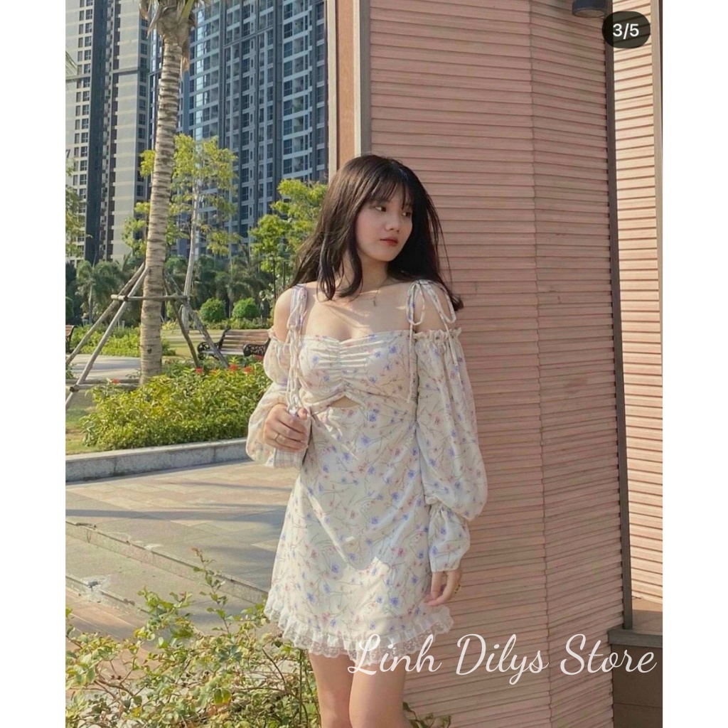 Đầm Hoa Nhí Trễ Vai 2 Dây 🦋FREESHIP🦋 Nhún Lưng Thun Dáng Xòe Linh Dilys Store