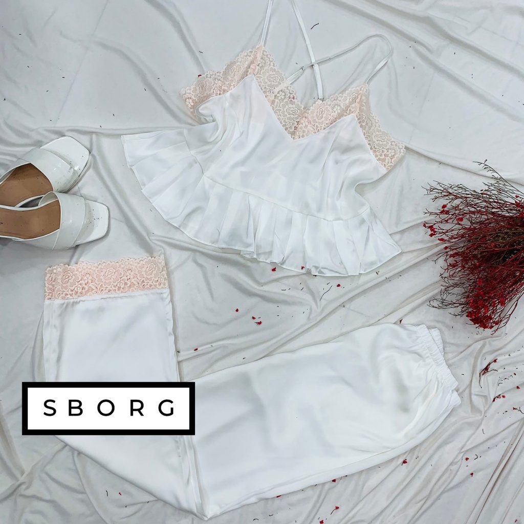 Đồ bộ mặc nhà SBORG bộ ngủ lụa latin 2 dây chéo viền ren sexy dễ thương phối quần dài có túi freesize 60kg quà tặng vợ