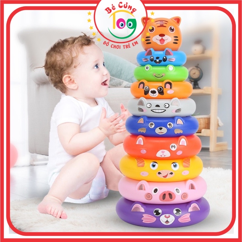 Đồ Chơi Tháp Xếp Chồng 9 Vòng Tròn Cỡ Lớn Kèm Sticker Dán Trang Trí Hình Động Vật Dễ Thương Dành Cho Bé