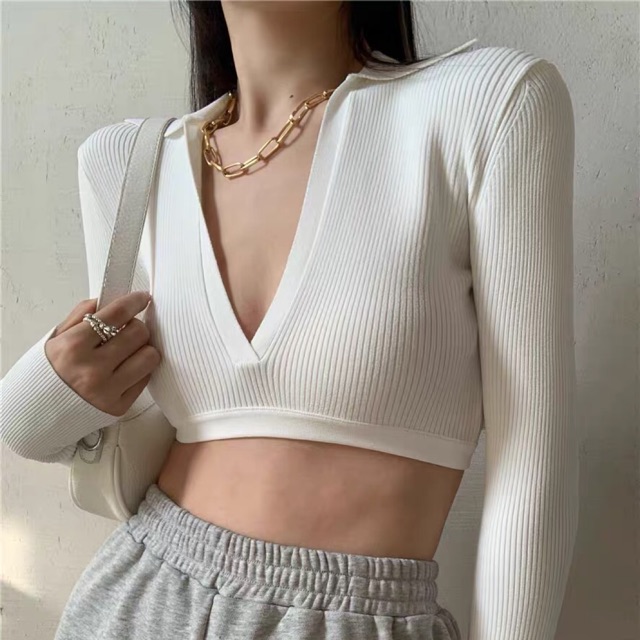 ÁO CROTOP DÀI TAY CỔ XẺ HỞ LƯNG SANG CHẢNH