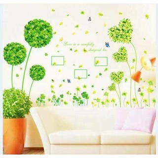 Decal dán tường combo cỏ 3 lá + cây trái tim xanh