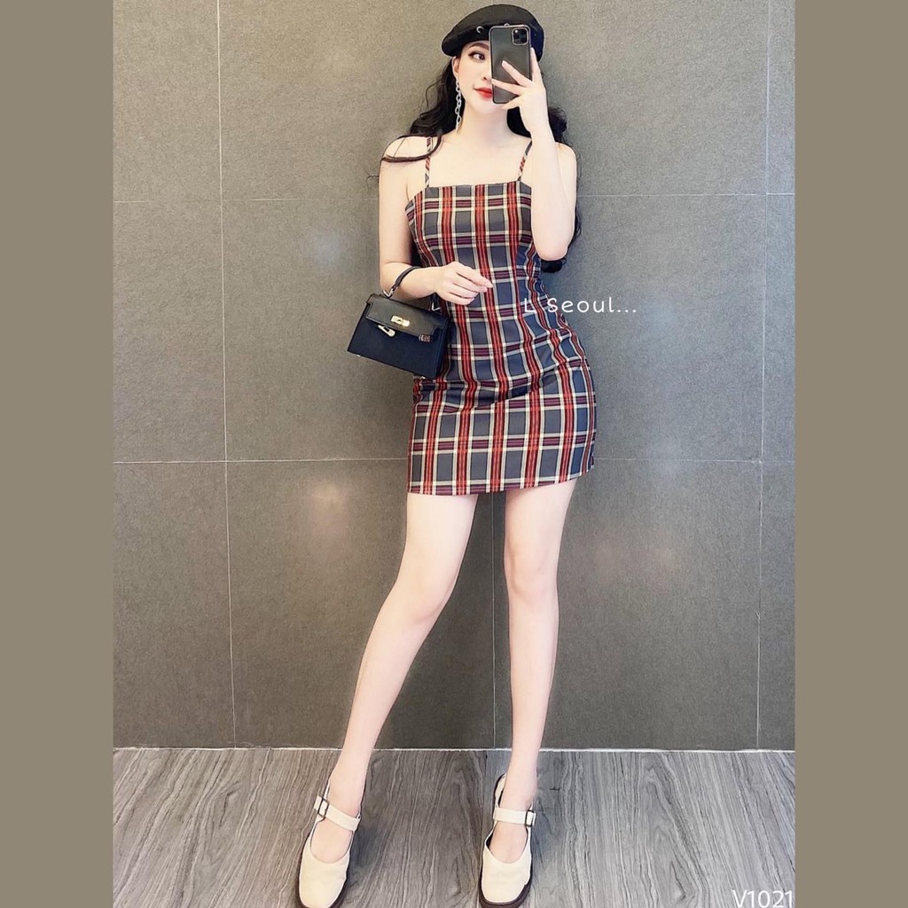 Váy 2 Dây Caro LSEOUL V1021 Ngọt Ngào Nữ Tính