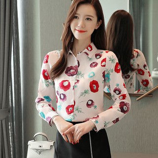 Áo sơ mi chiffon tay dài họa tiết hoa koeran cho nữ