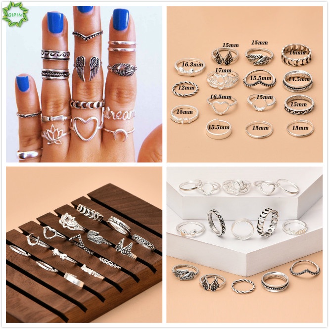 Bộ Nhẫn Hình Trái Tim / Mặt Trăng / Cánh Sen Phong Cách Bohemian Cổ Điển Thời Trang Cho Nữ