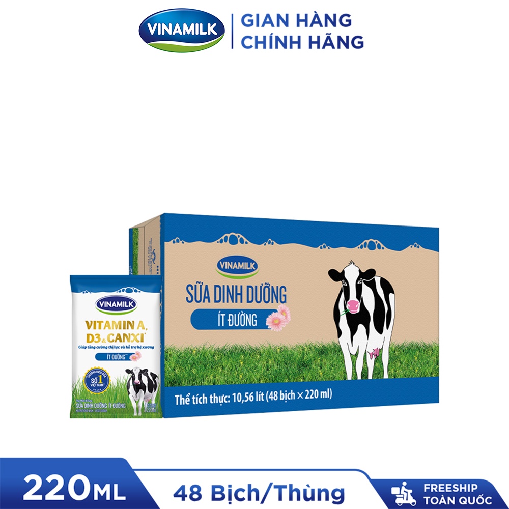 Thùng 48 Bịch Sữa Dinh Dưỡng VINAMILK ÍT ĐƯỜNG - 220ML